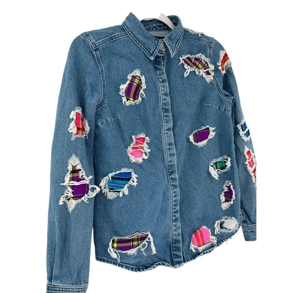House of Holland Patchwork Denim Distressed Jean Shirt Snap size US 2 - Picture 4 of 13